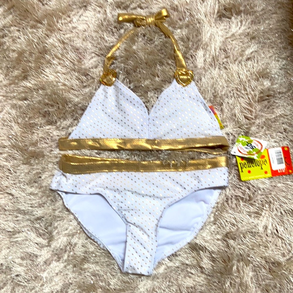 NWT Penelope Mack gold white polka dot bikini 10